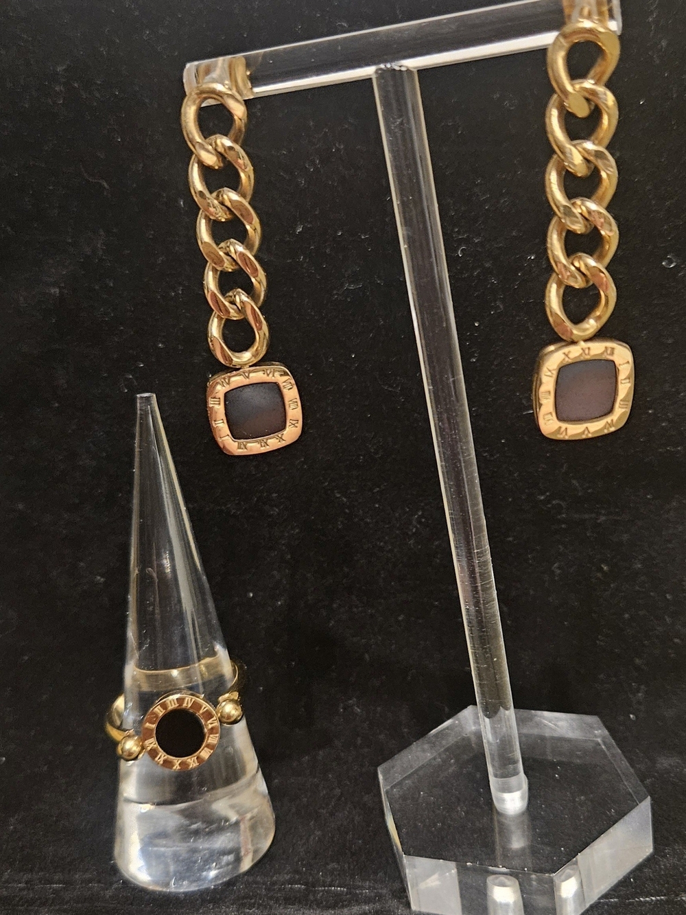 Gold-Tone Chain Drop Earrings and Ring Set with Black and  reversible White